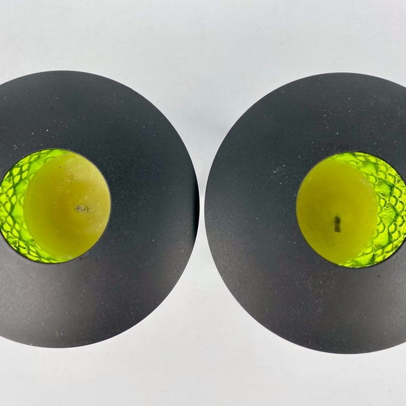 Pair Vintage Green Glass/Black Metal Pedestal Votive Candle Holders, Unused - Picture 3 of 7